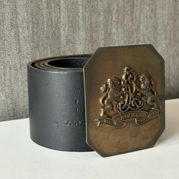 RUGBY Ralph Lauren Womens Wide Black Leather Belt Lion Crest Buckle Size Large - Picture 2 of 14